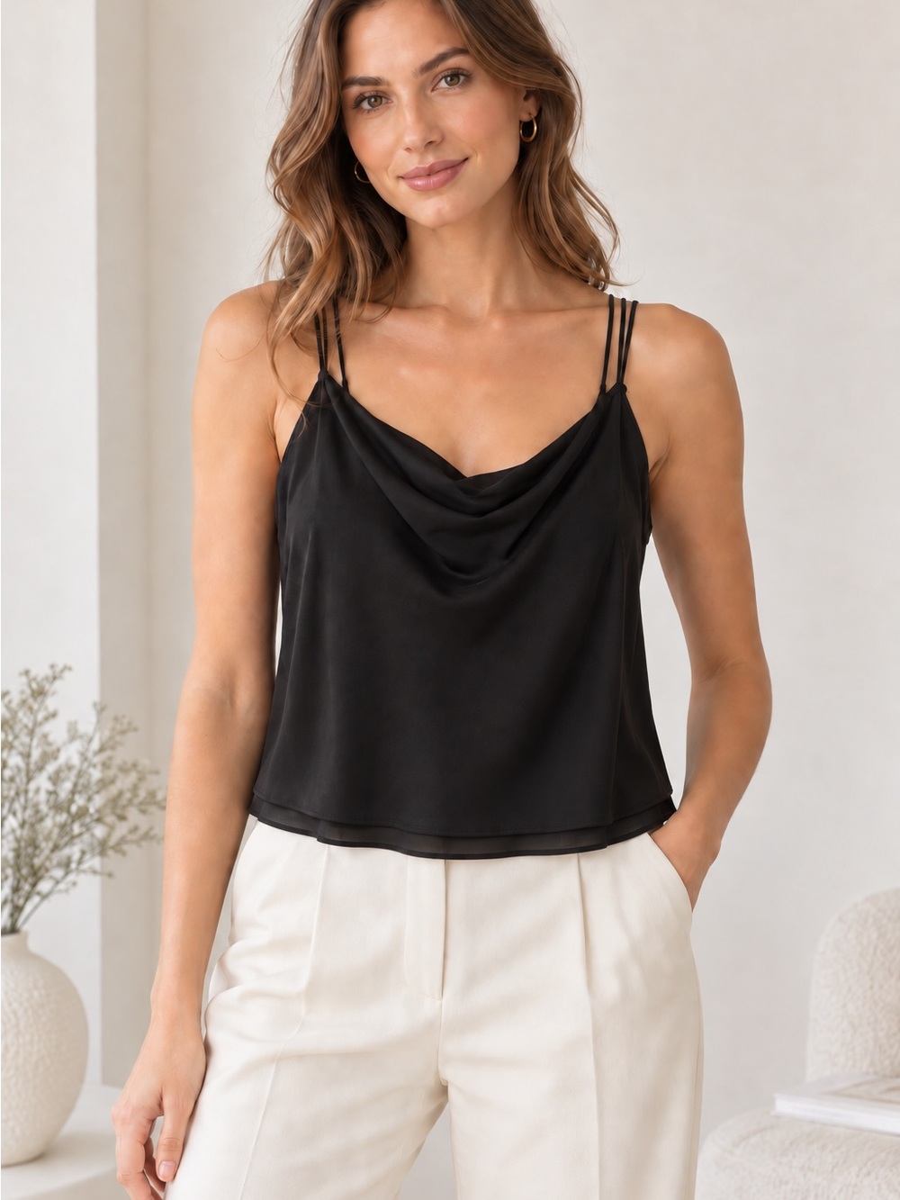 Miss Ashlee Cami Top‎ Cowl Neck Sleeveless Blouse Black